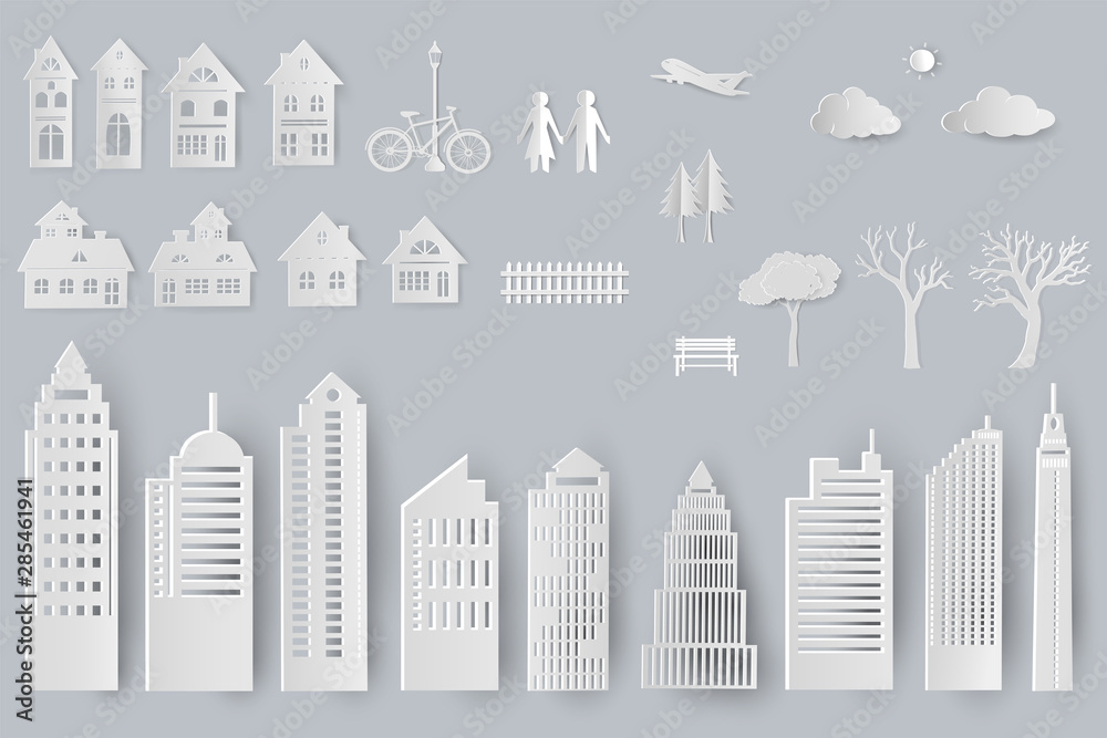 Set of buildings,houses,trees isolated objects for design in paper cut style