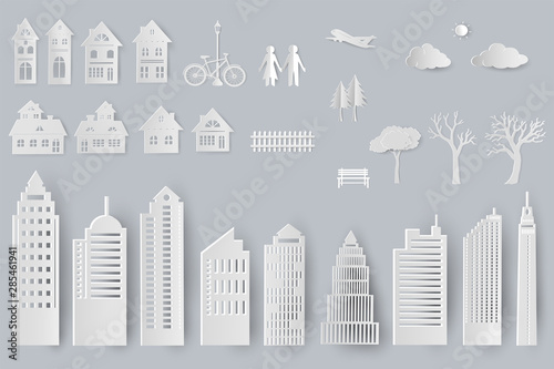 Set of buildings,houses,trees isolated objects for design in paper cut style photo