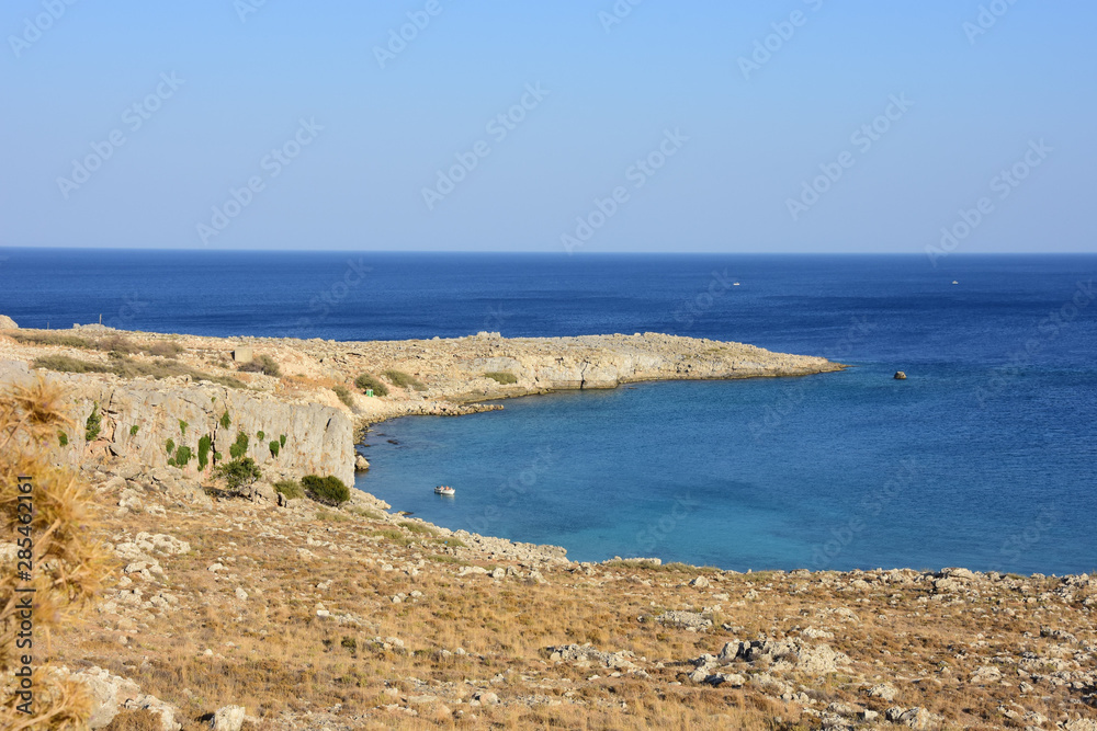 A view of the beautiful blue waters of the Mediterranean Sea from the Greek Island of Rhodes.