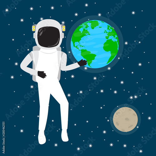 Astronaut over a sopace background with the moon and the earth planet - Vector