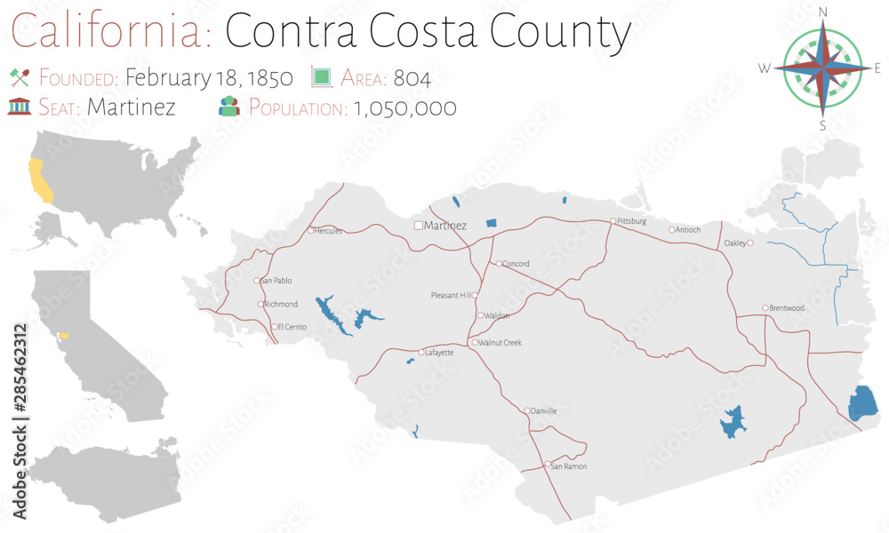Large and detailed map of Contra Costa county in California, USA
