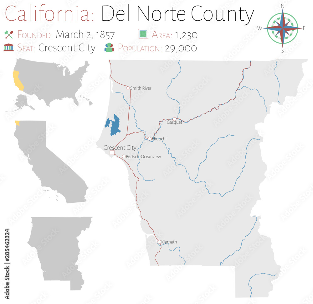 Large and detailed map of Del Norte county in California, USA