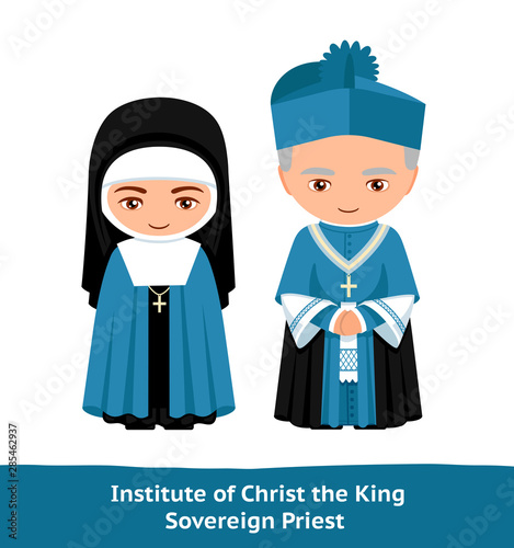 Institute of Christ the King Sovereign Priest. Cartoon character. Man and woman. Vector flat illustration.
