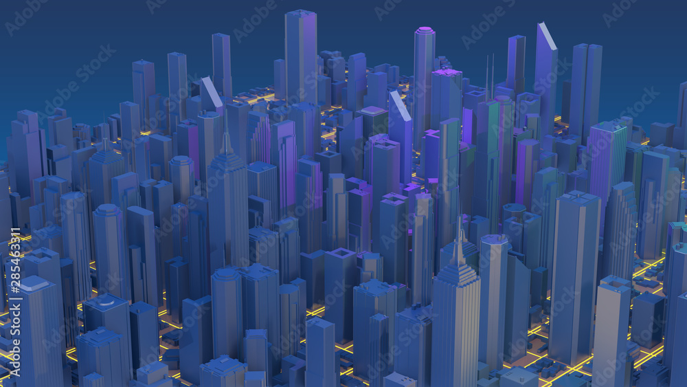 Downtown city skyscrapers. City with glow lines road and digital elements. 3D Rendering. Downtown city skyscrapers. City with glow lines road and digital elements. 3D Rendering.