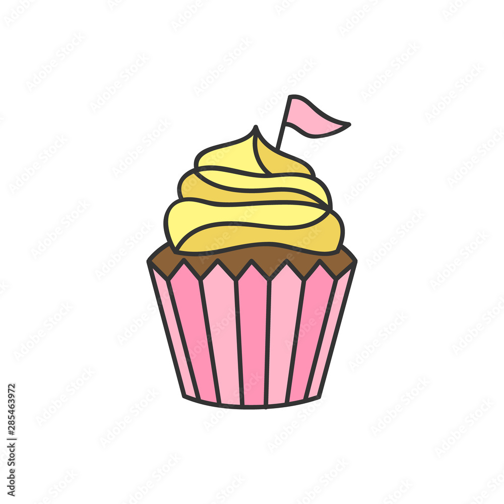 Cupcake vector illustration. Cute sweet chocolate cupcake, muffin decorated with vanilla cream icing and pink flag. Isolated hand drawn outline icon, sticker. Cupcake vector illustration. Cute sweet chocolate cupcake, muffin decorated with vanilla cream icing and pink flag. Isolated hand drawn outline icon, sticker.
