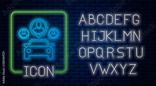 Glowing neon Car sharing with group of people icon isolated on brick wall background. Carsharing sign. Transport renting service concept. Neon light alphabet. Vector Illustration