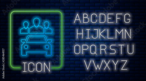 Glowing neon Car sharing with group of people icon isolated on brick wall background. Carsharing sign. Transport renting service concept. Neon light alphabet. Vector Illustration