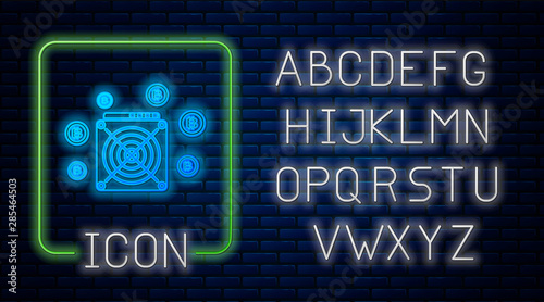 Glowing neon ASIC Miner icon isolated on brick wall background. Cryptocurrency mining equipment and hardware. Application specific integrated circuit. Neon light alphabet. Vector Illustration