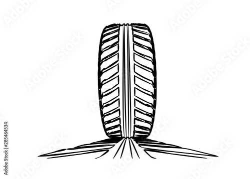 Car tire with tire marks on a white background. Hand-drawn design