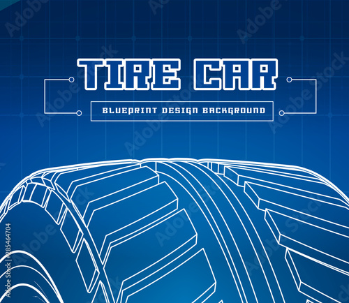 Car tire with tire marks on a blue background. Vector blueprint illustration