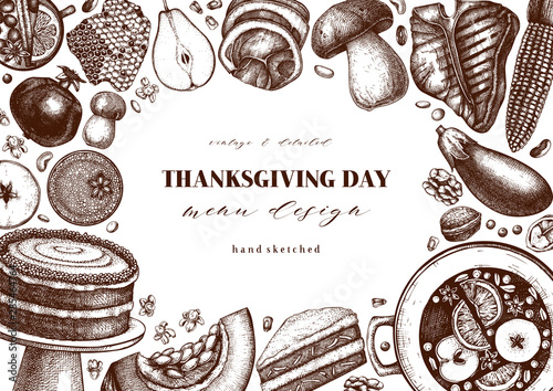 Traditional autumn food and drinks background. Thanksgiving day menu template. Harvest season vintage design. Hand drawn elements for banner, packaging, recipe, logo.
