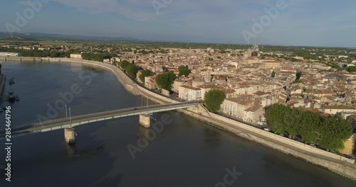 Arles and Rhône, aerial back traveling, Bouches-du-Rhône, France