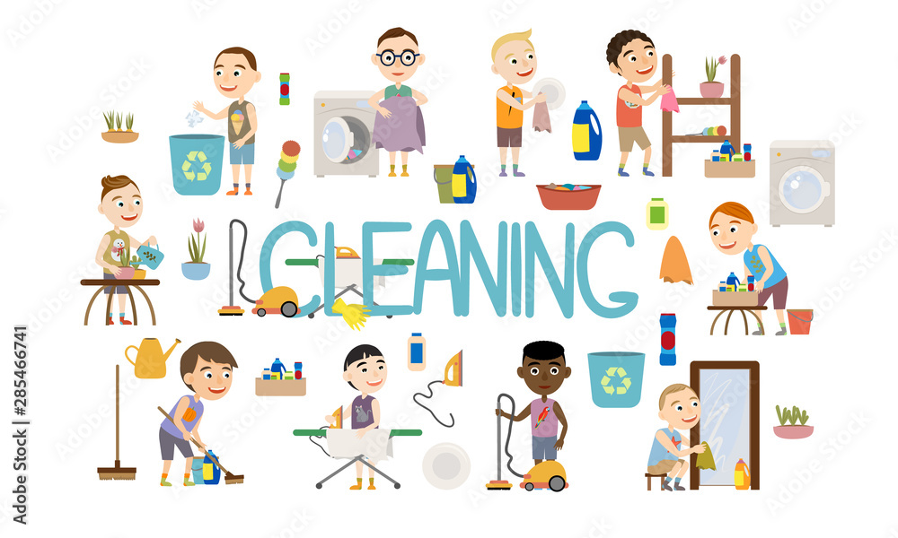 Set cute boys doing housework. Boys throw out garbage, wash dishes, wash clothes in a washing machine, vacuum clean, iron clothes, wipe mirrors, water flowers and do cleaning. Flat cartoon vector