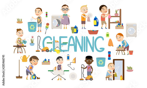 Set cute boys doing housework. Boys throw out garbage  wash dishes  wash clothes in a washing machine  vacuum clean  iron clothes  wipe mirrors  water flowers and do cleaning. Flat cartoon vector