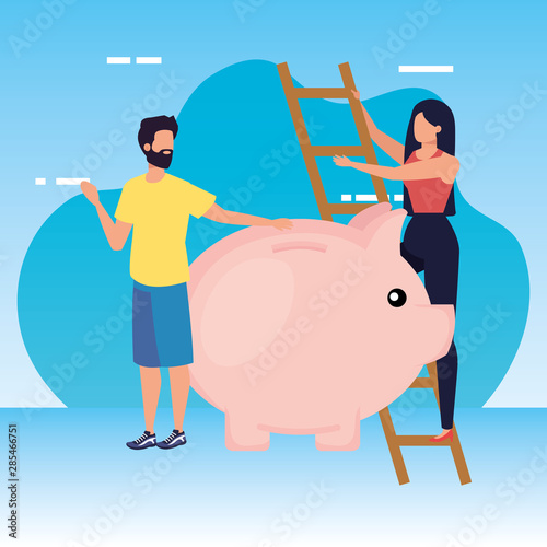 young couple with piggy savings and stairs