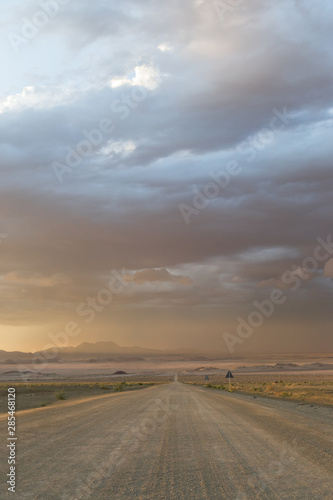 Road in the desert under storm clouds