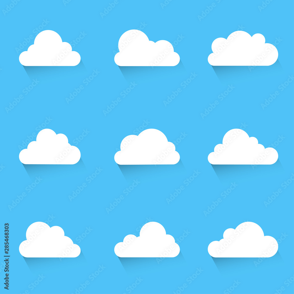 White clouds icon set with blue background