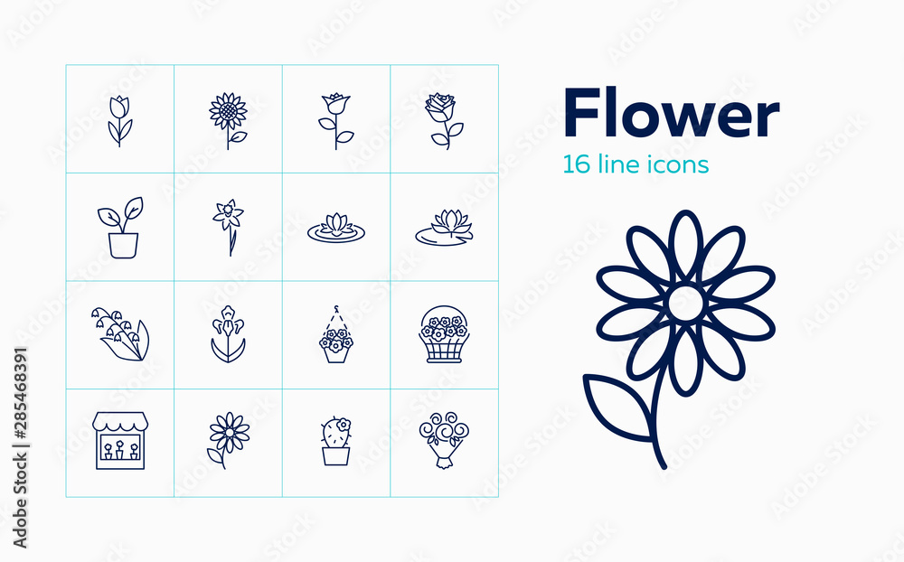 Flower icons. Set of line icons on white background. Flower shop, houseplant, flower basket. Floriculture concept. Vector can be used for topics like plants, botany, gardening - obrazy, fototapety, plakaty 