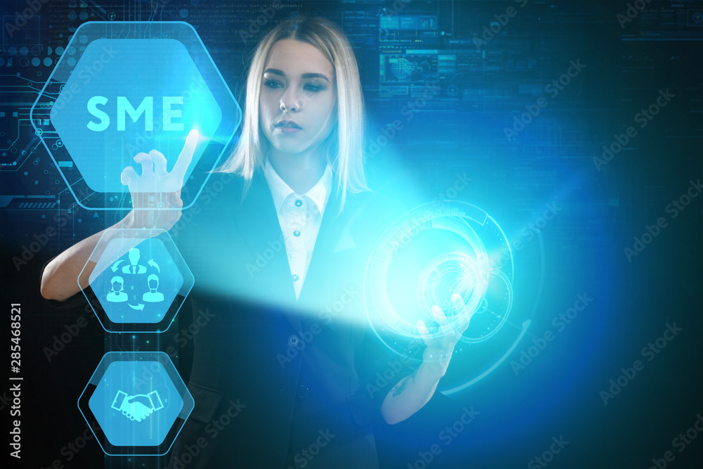 The concept of business, technology, the Internet and the network. A young entrepreneur working on a virtual screen of the future and sees the inscription: SME The concept of business, technology, the Internet and the network. A young entrepreneur working on a virtual screen of the future and sees the inscription: SME