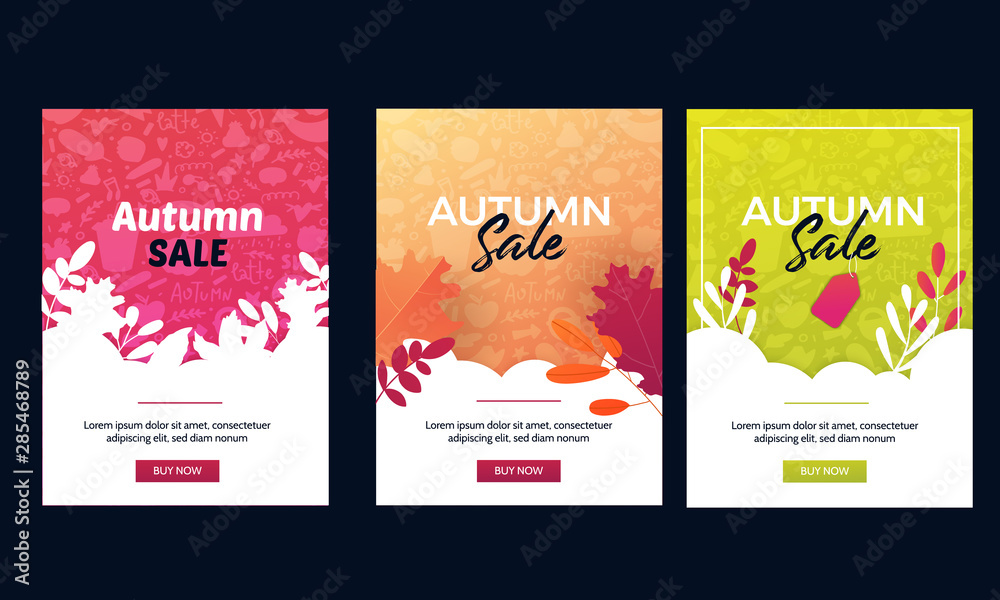 Autumn sale offer banner set with leaves on gradient background. Shop market promotion design. Vector illustration. EPS 10