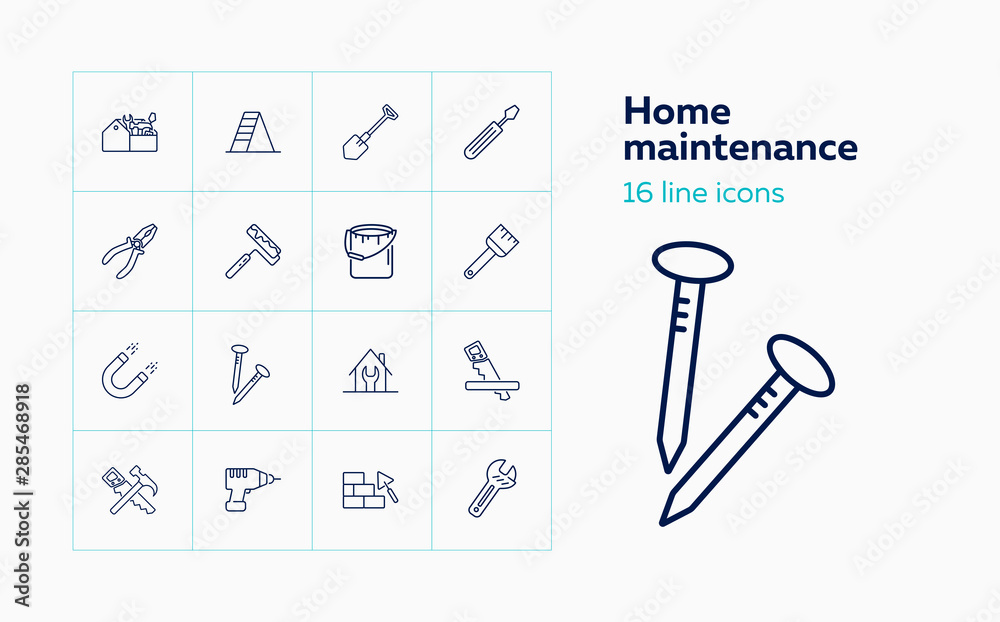 Home maintenance line icon set. Tool box, painting brush, wrench. Construction concept. Can be used for topics like housing housekeeping, renovation, repair Home maintenance line icon set. Tool box, painting brush, wrench. Construction concept. Can be used for topics like housing housekeeping, renovation, repair
