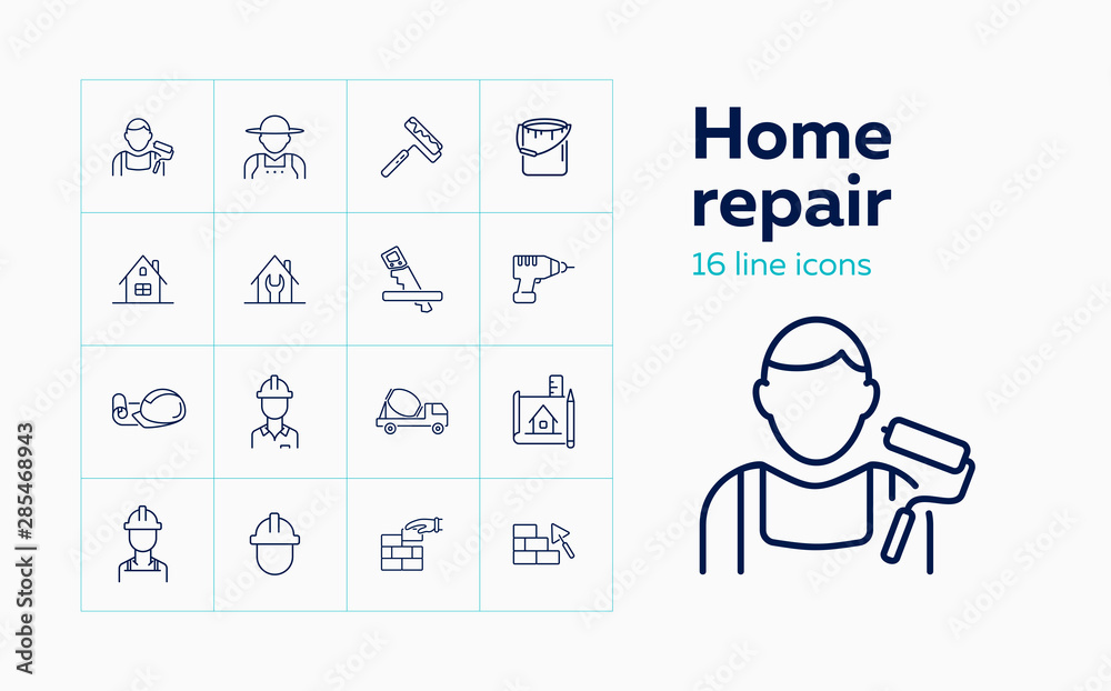 Home repair line icon set. Decorator, contractor, hand tools. Construction concept. Can be used for topics like painting, brickwork, design project