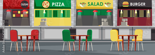 Food court, cafeteria flat vector illustration