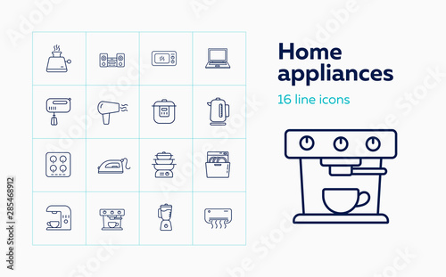 Home appliances line icon set. Set of line icons on white background. Household concept. Iron, microwave, oven, mixer. Vector illustration can be used for topics like home, kitchen, technics