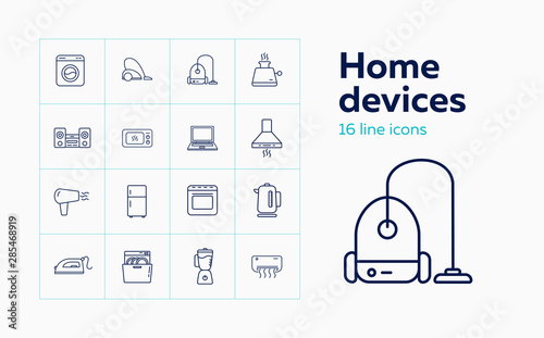 Home devices line icon set. Set of line icons on white background. Soundbar, conditioner, fridge. Vector illustration can be used for topics like home, kitchen, technics