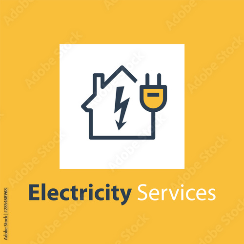 Electricity repair and maintenance, house with high voltage arrow and plug
