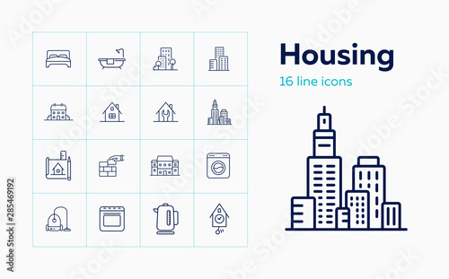 Housing line icon set. Bedroom, building, kettle. Construction concept. Can be used for topics like real estate development, apartment, rent, residential property
