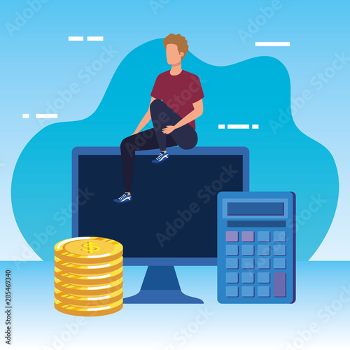 young man with desktop character