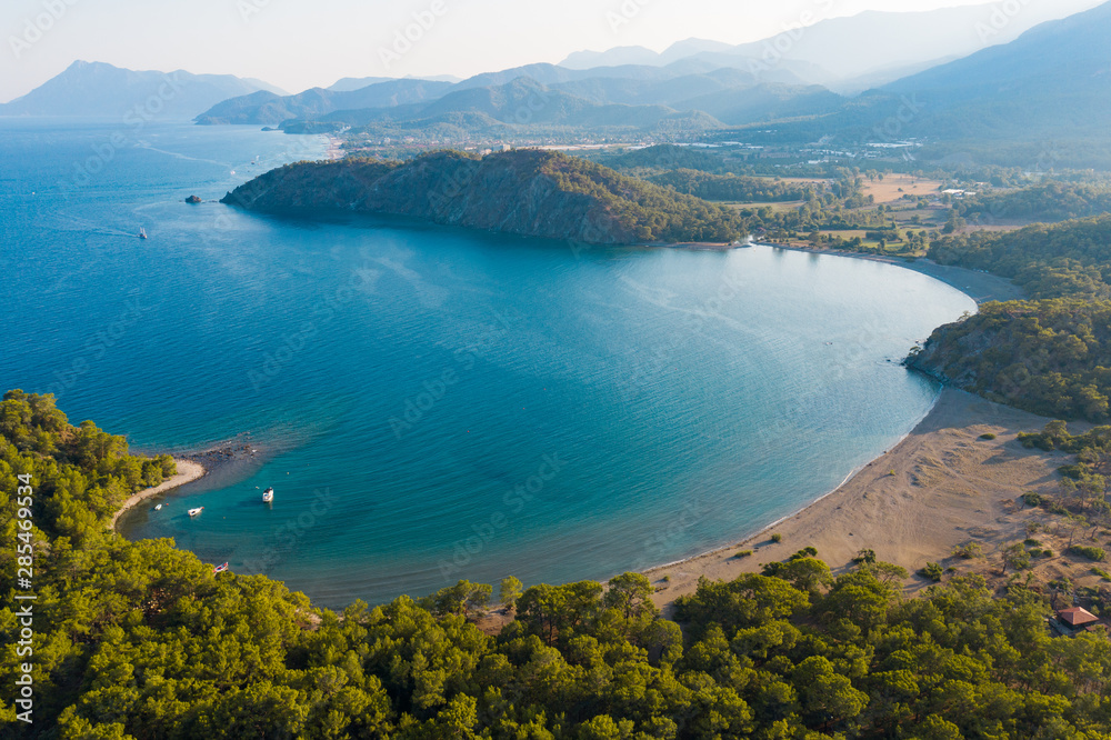 Aerial view of Mediterranean coast in Turkey, beautiful sea and land with trees