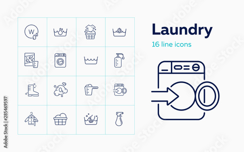 Laundry line icon set. Powder, basin, soap. Household concept. Can be used for topics like garment care, guide, manual