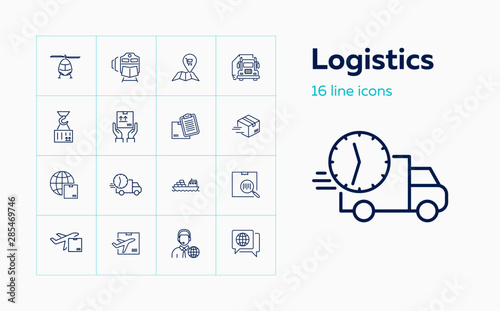 Logistics line icon set. Map, train, parcel. Transportation concept. Can be used for topics like travel, delivery, shipping