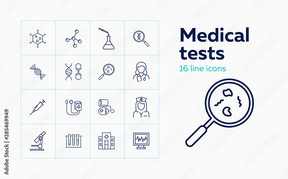 Medical tests line icon set. Molecule, beaker, microscope. Medicine concept. Can be used for topics like lab research, diagnosis, dna analysis Medical tests line icon set. Molecule, beaker, microscope. Medicine concept. Can be used for topics like lab research, diagnosis, dna analysis