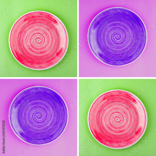Collage from different colored round ceramic plates with spiral pattern, colored backgrounds