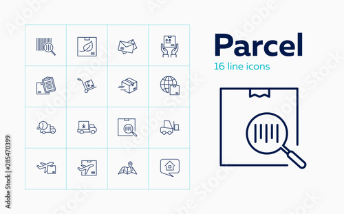 Parcel icons. Set of line icons. Envelope, barcode, express delivery, courier. Delivery concept. Vector illustration can be used for topics like transportation, freight, shipment