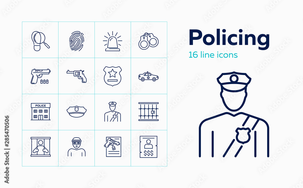 Policing line icon set. Policeman, gun, prison. Law concept. Can be used for topics like justice, punishment, investigation Policing line icon set. Policeman, gun, prison. Law concept. Can be used for topics like justice, punishment, investigation