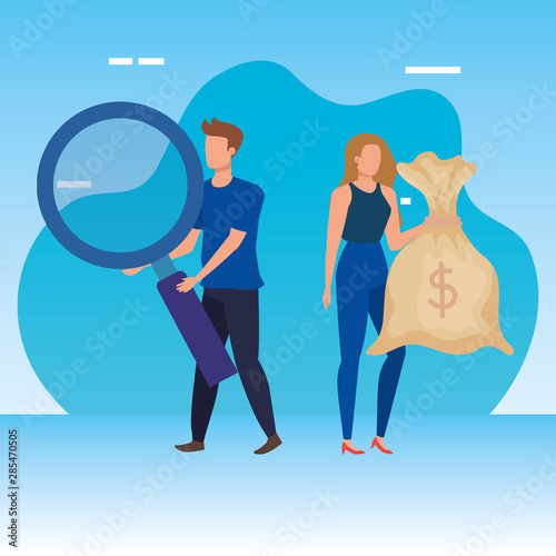 couple with magnifying glass and money bag