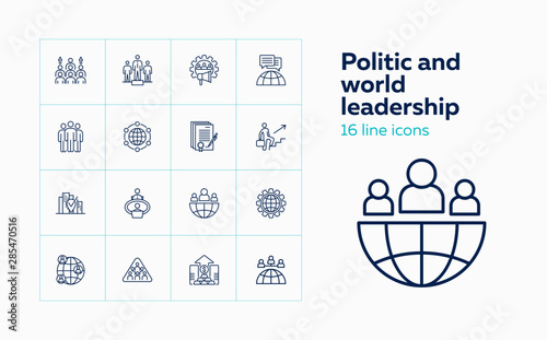 Politic and world leadership icons. Set of line icons on white background. Globe, world leaders, population, statistic. Vector illustration can be used for topics like politics, economy