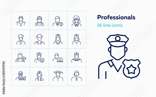 Professionals line icon set. Doctor, sportsman, policeman. Occupation concept. Can be used for topics like work, vocation, expertise