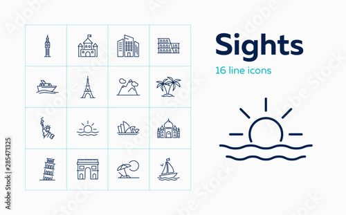 Sights line icon set. Paris, London, New York. Tourism concept. Can be used for topics like vacation, travel, sightseeing