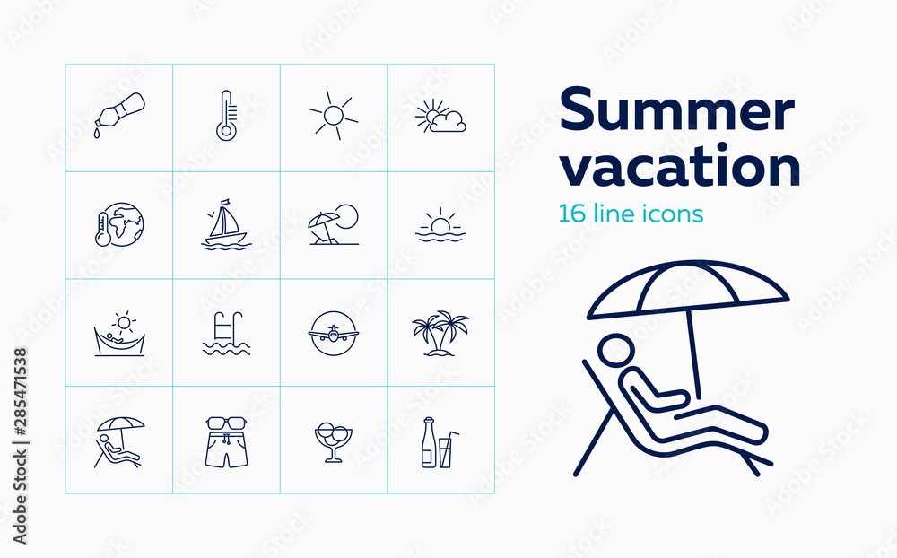Summer vacation icons. Set of line icons on white background. Tropical climate, beach, seaside. Resort concept. Vector can be used for topics like travel, tourism, holiday