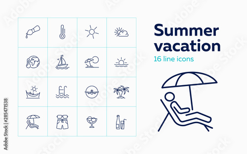 Summer vacation icons. Set of line icons on white background. Tropical climate, beach, seaside. Resort concept. Vector can be used for topics like travel, tourism, holiday