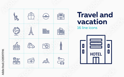Travel and vacation icons. Set of line icons. Cruise, tourism, lifestyle. Leisure concept. Vector illustration can be used for topics like sightseeing, tour, trip