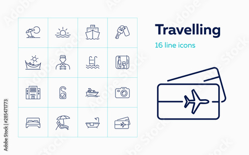 Travelling icons. Set of line icons on white background. Cruise, vacation, sea ship, hotel. Vector illustration can be used for topics like travelling, vacation