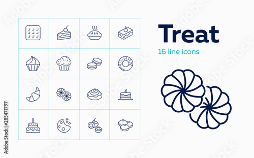 Treat icons. Set of line icons on white background. Sweet food, pastry, bakery. Homemade food concept. Vector can be used for topics like food, unhealthy eating, gastronomy