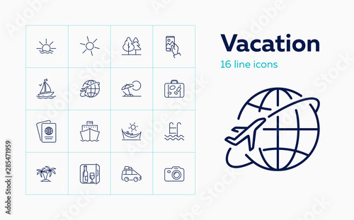 Wallpaper Mural Vacation icons. Set of line icons. Forest, tropical island, camera. Beach holidays concept. Vector illustration can be used for topics like summer resort, travel, tourism Torontodigital.ca