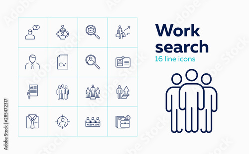 Work search line icon set. Candidate, CV, badge. Job finding concept. Can be used for topics like human resource, head hunting, unemployment